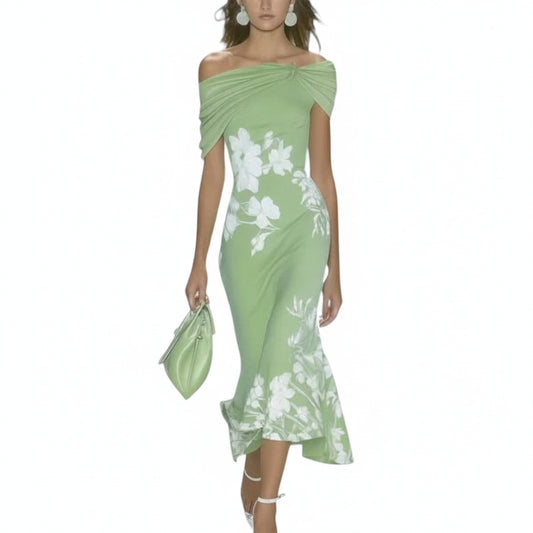 Dames Bloemen Off-Shoulder Midi Jurk met Ruches Zoom