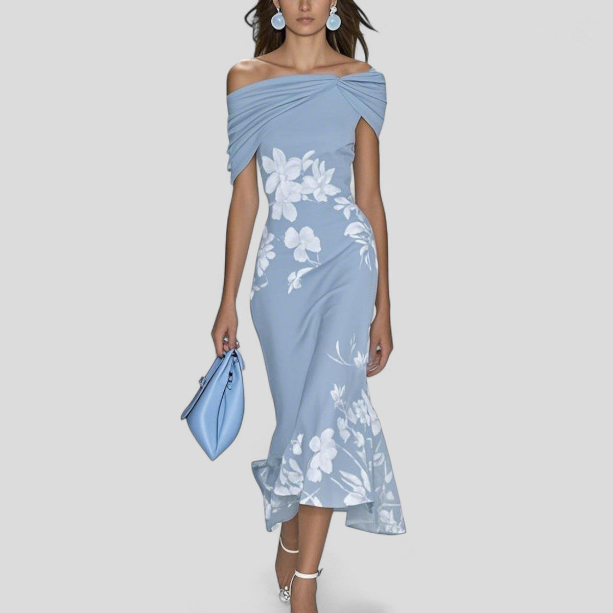 Dames Bloemen Off-Shoulder Midi Jurk met Ruches Zoom Blauw