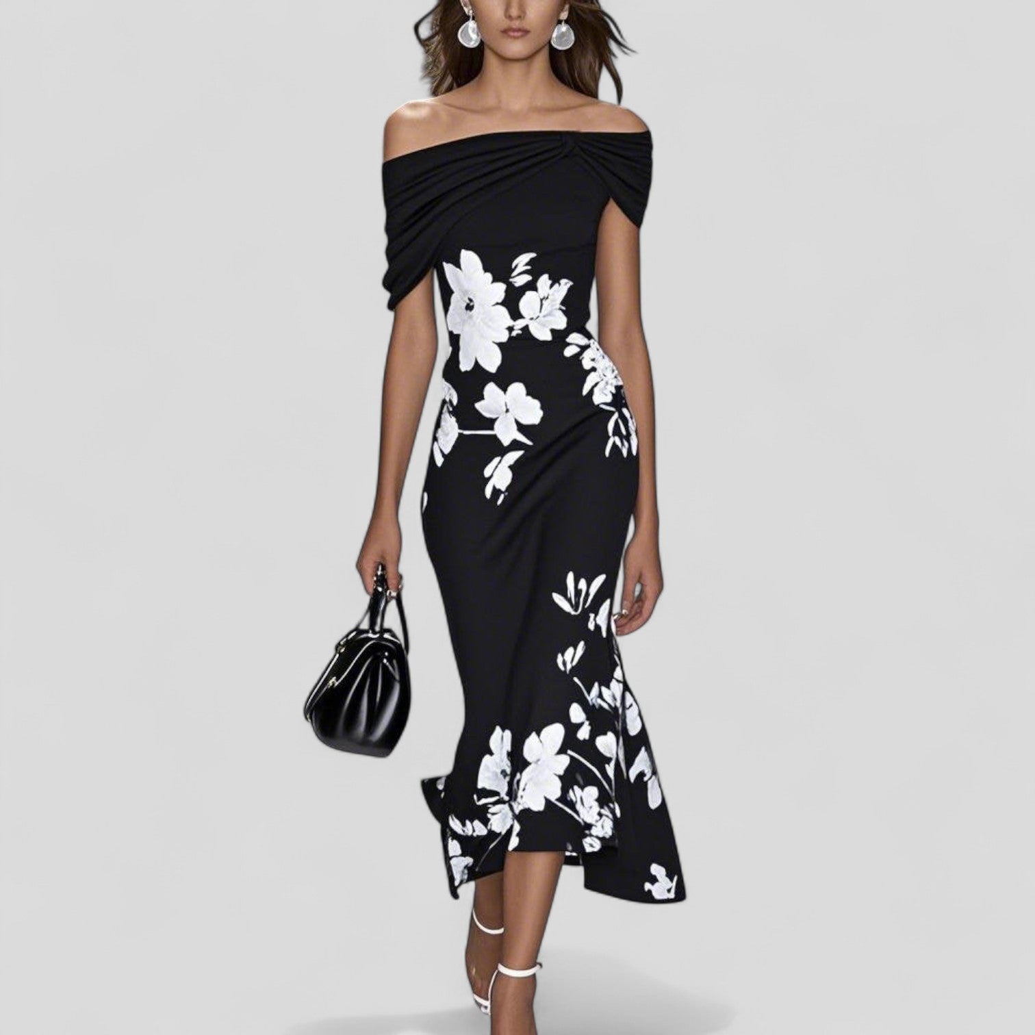 Dames Bloemen Off-Shoulder Midi Jurk met Ruches Zoom Zwart