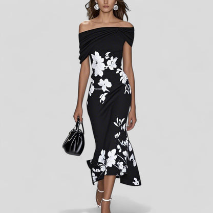 Dames Bloemen Off-Shoulder Midi Jurk met Ruches Zoom Zwart