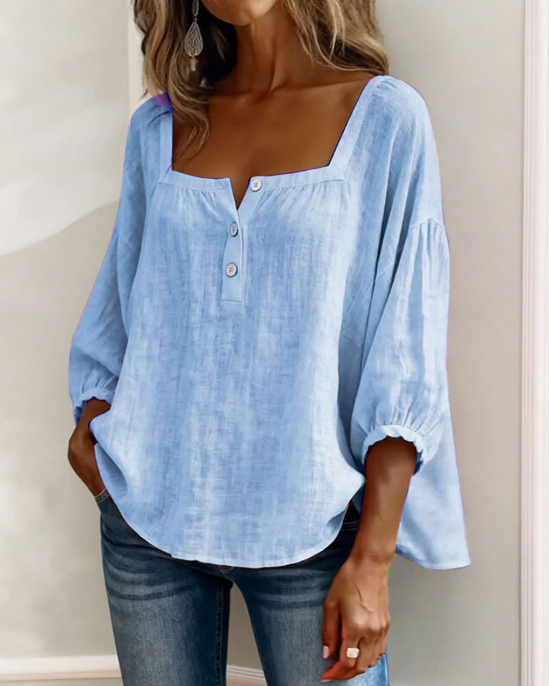 Dames Blouse 3/4 Mouw met Vierkante Hals en Knoopsluiting