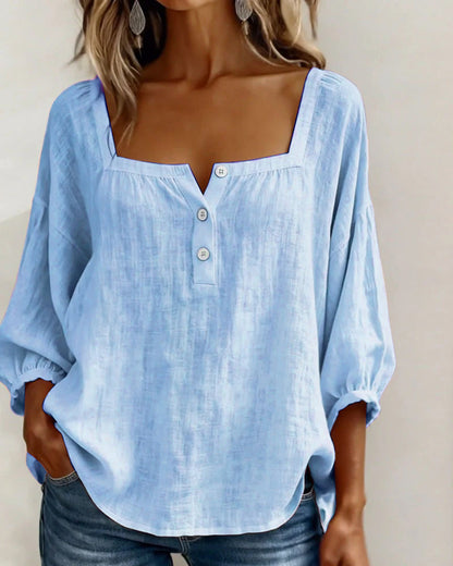Dames Blouse 3/4 Mouw met Vierkante Hals en Knoopsluiting