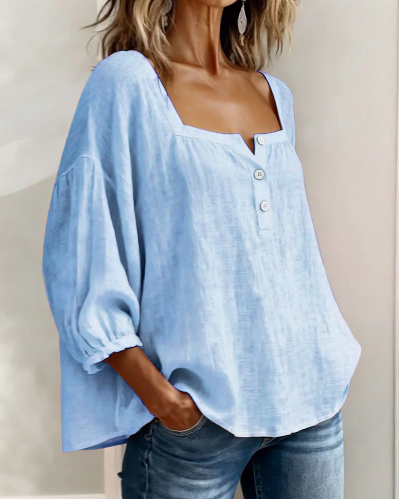 Dames Blouse 3/4 Mouw met Vierkante Hals en Knoopsluiting