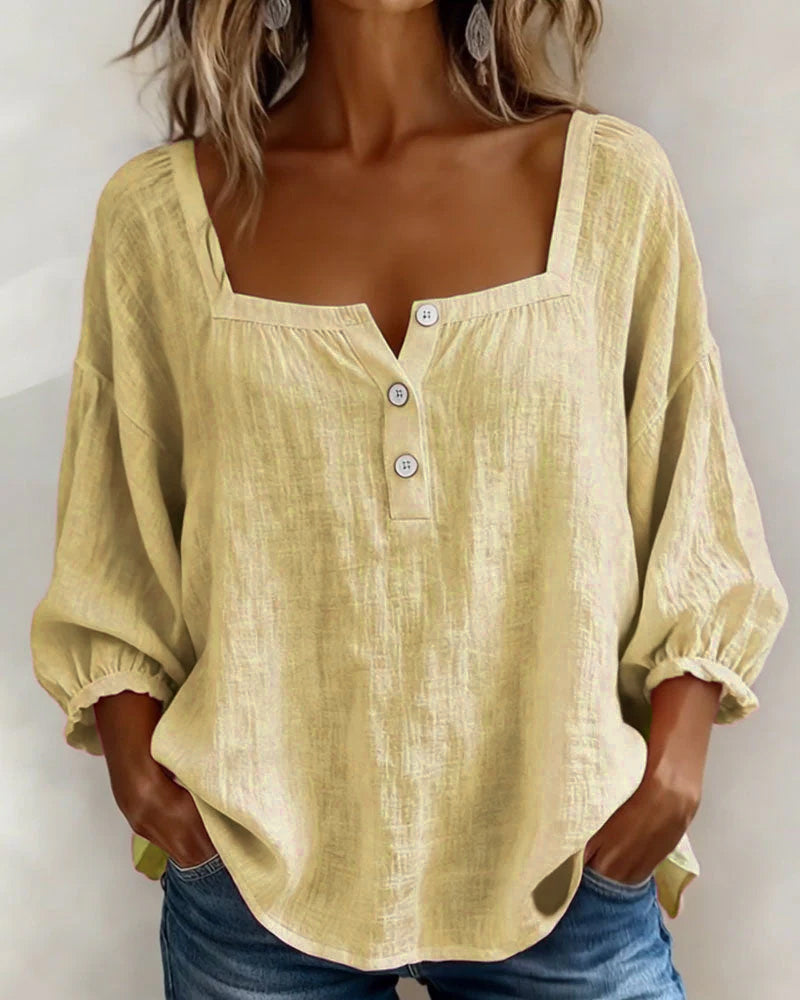 Dames Blouse 3/4 Mouw met Vierkante Hals en Knoopsluiting Geel