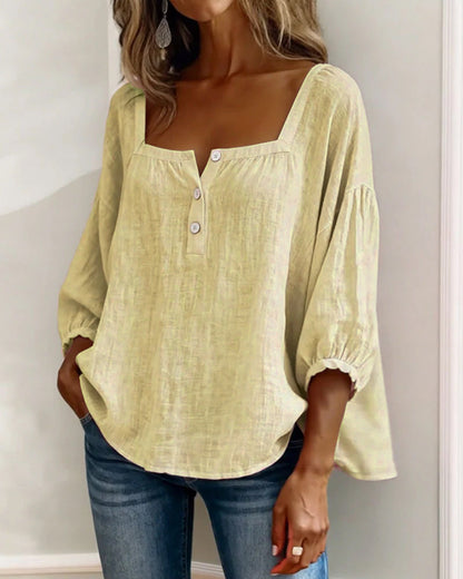 Dames Blouse 3/4 Mouw met Vierkante Hals en Knoopsluiting