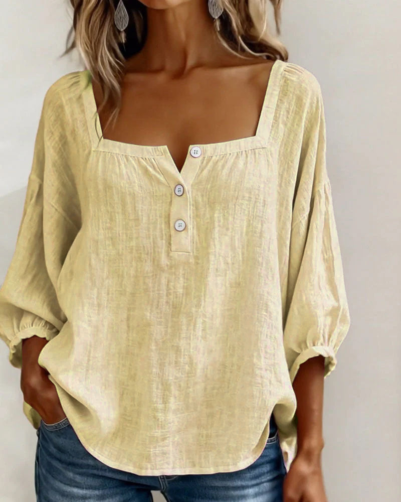 Dames Blouse 3/4 Mouw met Vierkante Hals en Knoopsluiting
