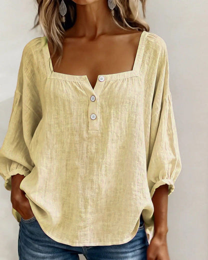Dames Blouse 3/4 Mouw met Vierkante Hals en Knoopsluiting