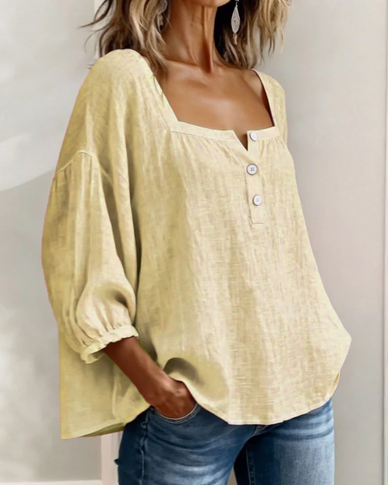 Dames Blouse 3/4 Mouw met Vierkante Hals en Knoopsluiting