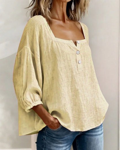Dames Blouse 3/4 Mouw met Vierkante Hals en Knoopsluiting