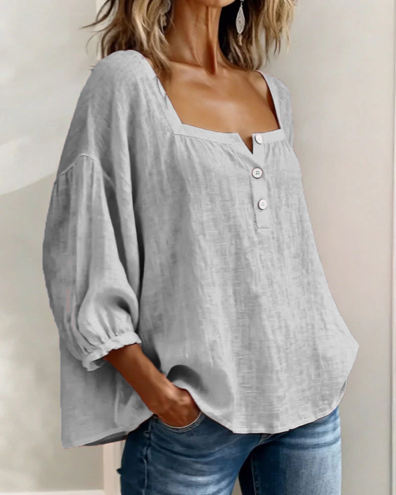 Dames Blouse 3/4 Mouw met Vierkante Hals en Knoopsluiting
