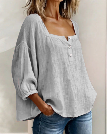 Dames Blouse 3/4 Mouw met Vierkante Hals en Knoopsluiting
