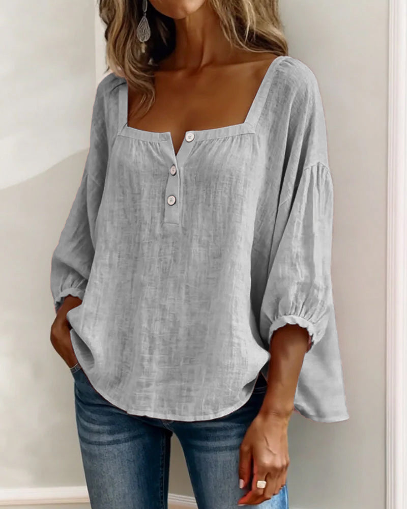 Dames Blouse 3/4 Mouw met Vierkante Hals en Knoopsluiting