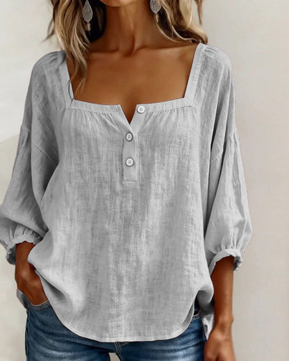 Dames Blouse 3/4 Mouw met Vierkante Hals en Knoopsluiting