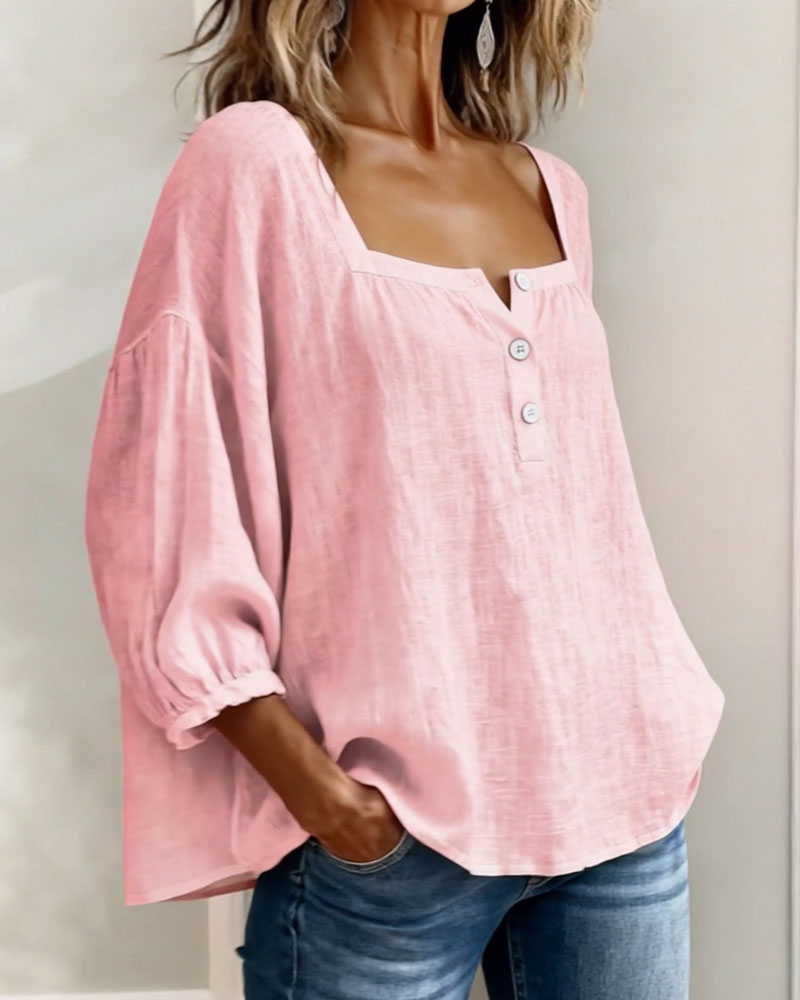 Dames Blouse 3/4 Mouw met Vierkante Hals en Knoopsluiting