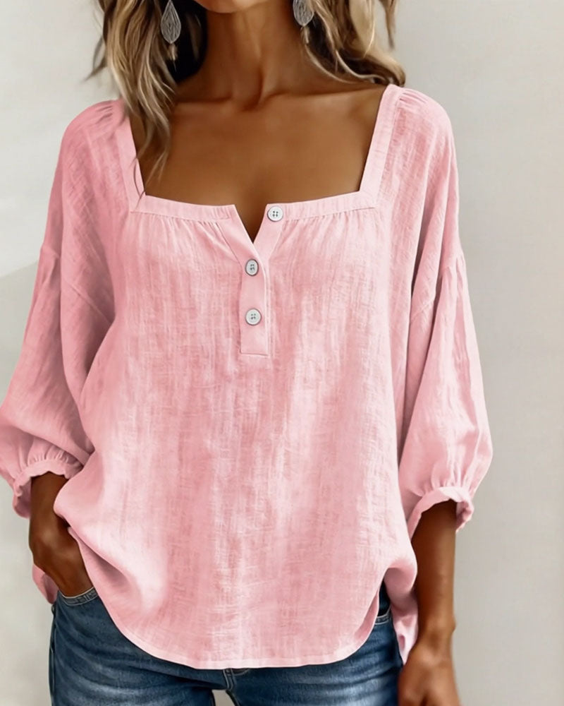 Dames Blouse 3/4 Mouw met Vierkante Hals en Knoopsluiting