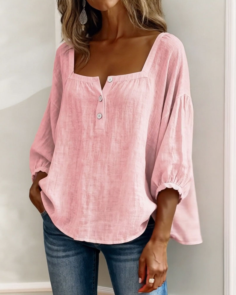 Dames Blouse 3/4 Mouw met Vierkante Hals en Knoopsluiting