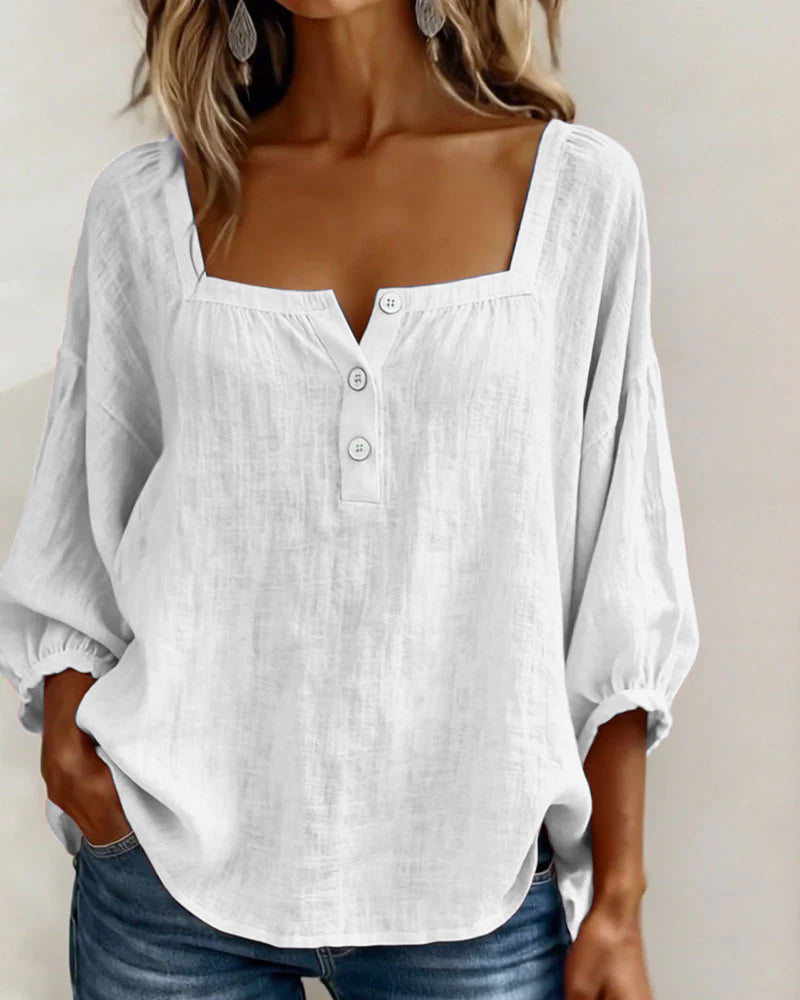 Dames Blouse 3/4 Mouw met Vierkante Hals en Knoopsluiting
