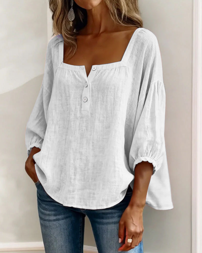 Dames Blouse 3/4 Mouw met Vierkante Hals en Knoopsluiting