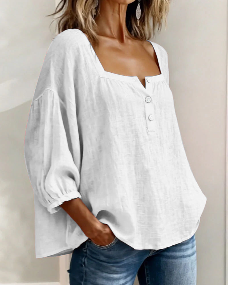 Dames Blouse 3/4 Mouw met Vierkante Hals en Knoopsluiting