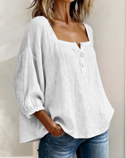 Dames Blouse 3/4 Mouw met Vierkante Hals en Knoopsluiting