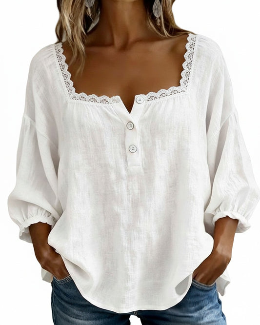 Dames Blouse 3/4 Pofmouw met Vierkante Hals en Kanten Rand