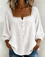 Dames Blouse 3/4 Pofmouw met Vierkante Hals en Kanten Rand