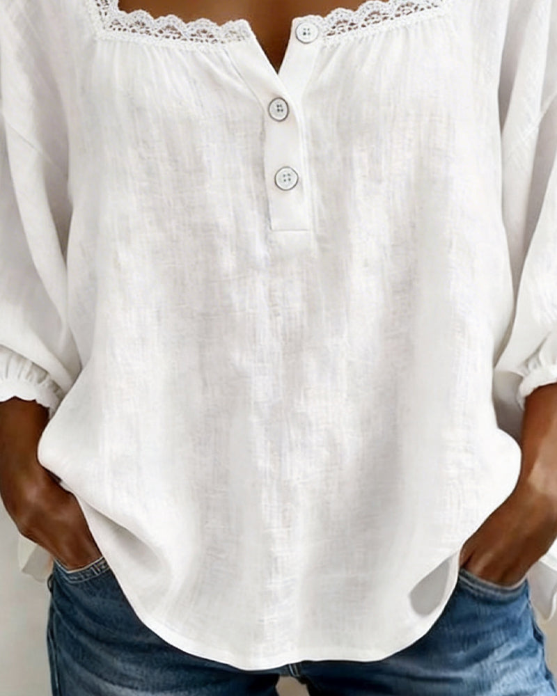 Dames Blouse 3/4 Pofmouw met Vierkante Hals en Kanten Rand