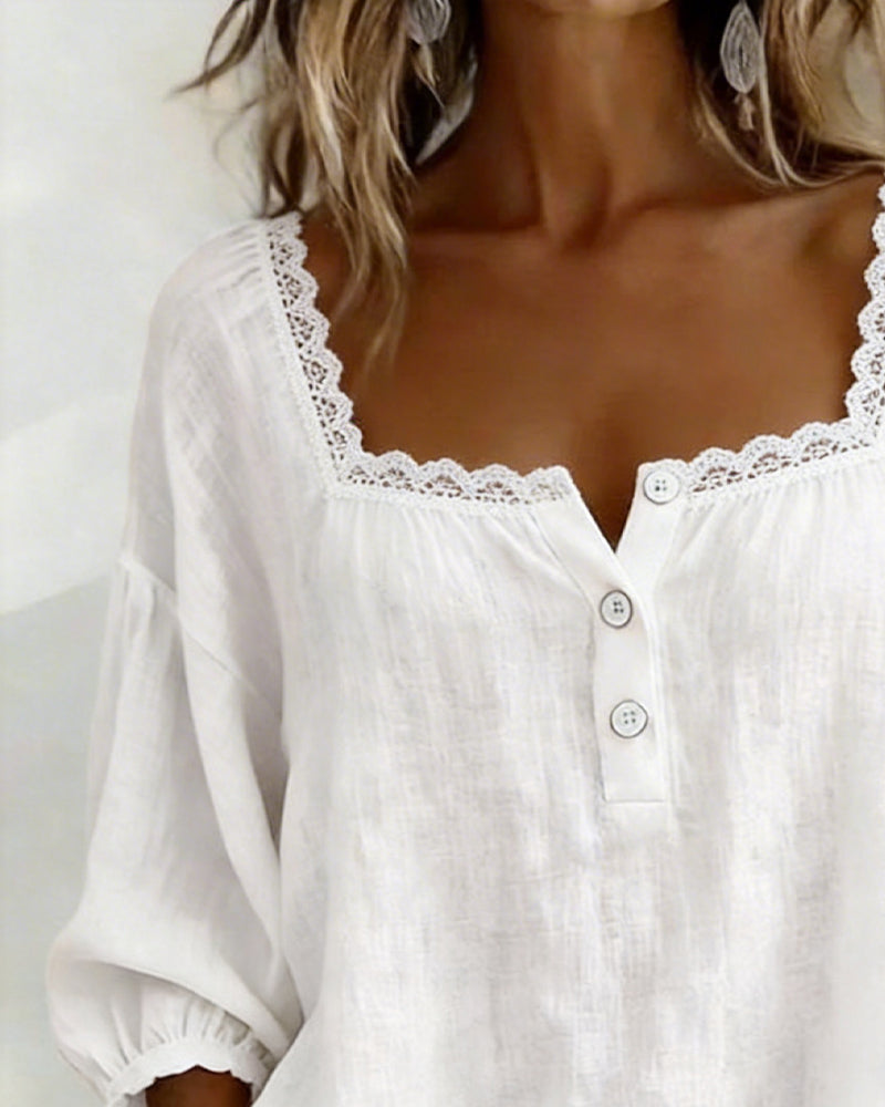 Dames Blouse 3/4 Pofmouw met Vierkante Hals en Kanten Rand