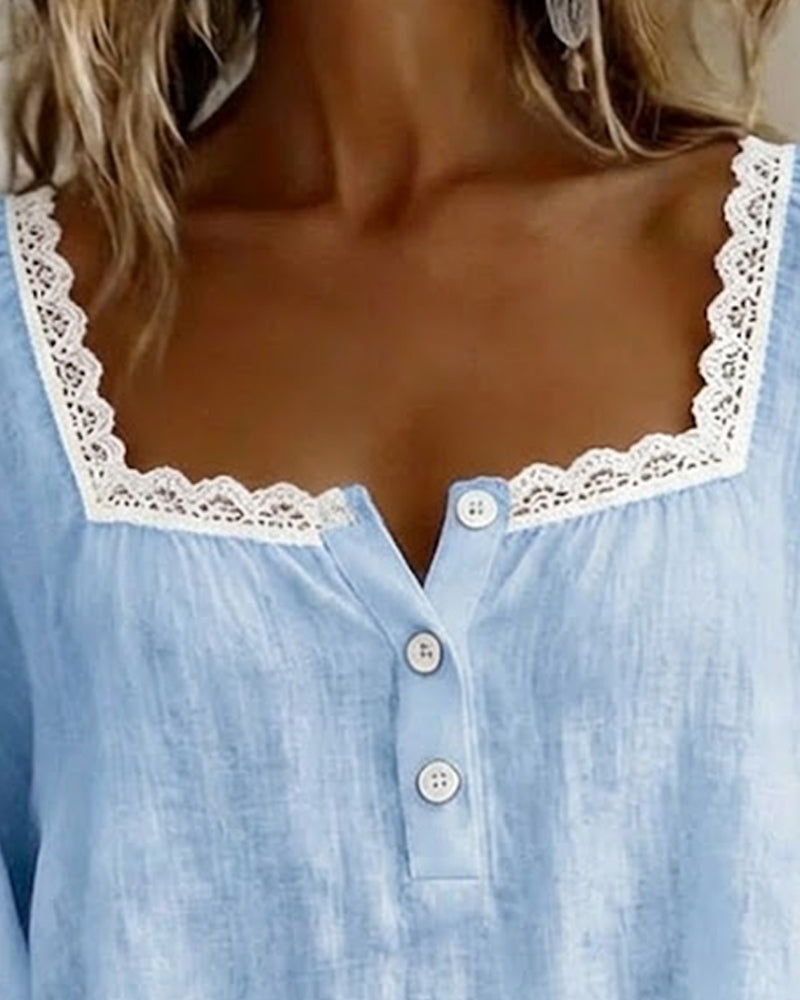 Dames Blouse 3/4 Pofmouw met Vierkante Hals en Kanten Rand