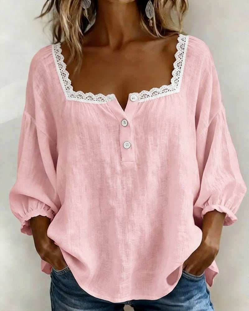 Dames Blouse 3/4 Pofmouw met Vierkante Hals en Kanten Rand Roze