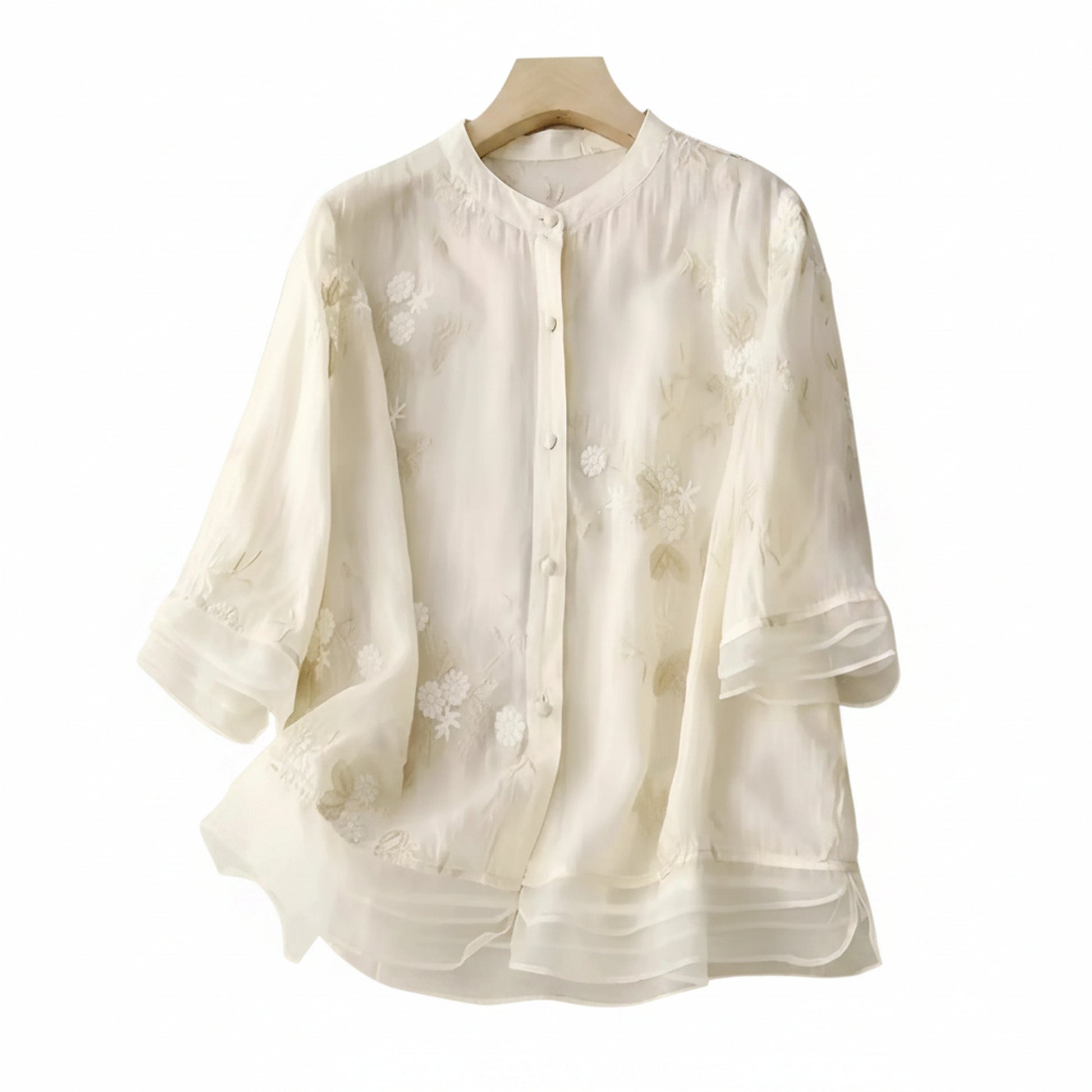 Dames Blouse Driekwart Mouw met Bloemenborduursels en Knoopsluiting