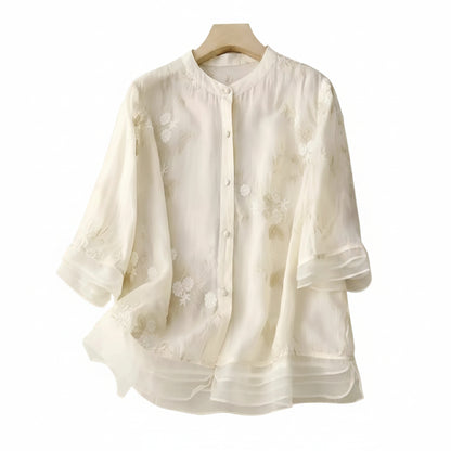 Dames Blouse Driekwart Mouw met Bloemenborduursels en Knoopsluiting
