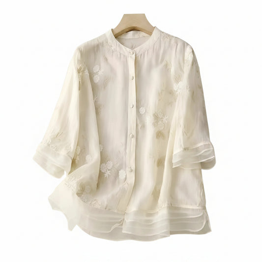 Dames Blouse Driekwart Mouw met Bloemenborduursels en Knoopsluiting
