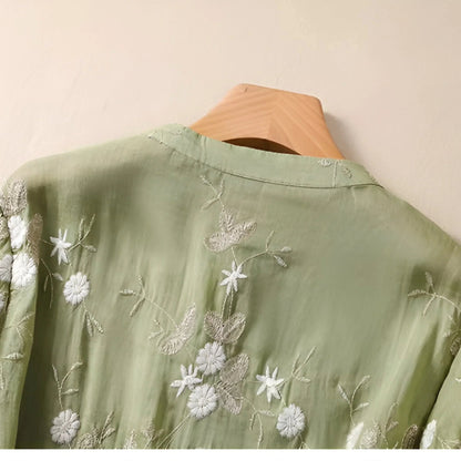 Dames Blouse Driekwart Mouw met Bloemenborduursels en Knoopsluiting