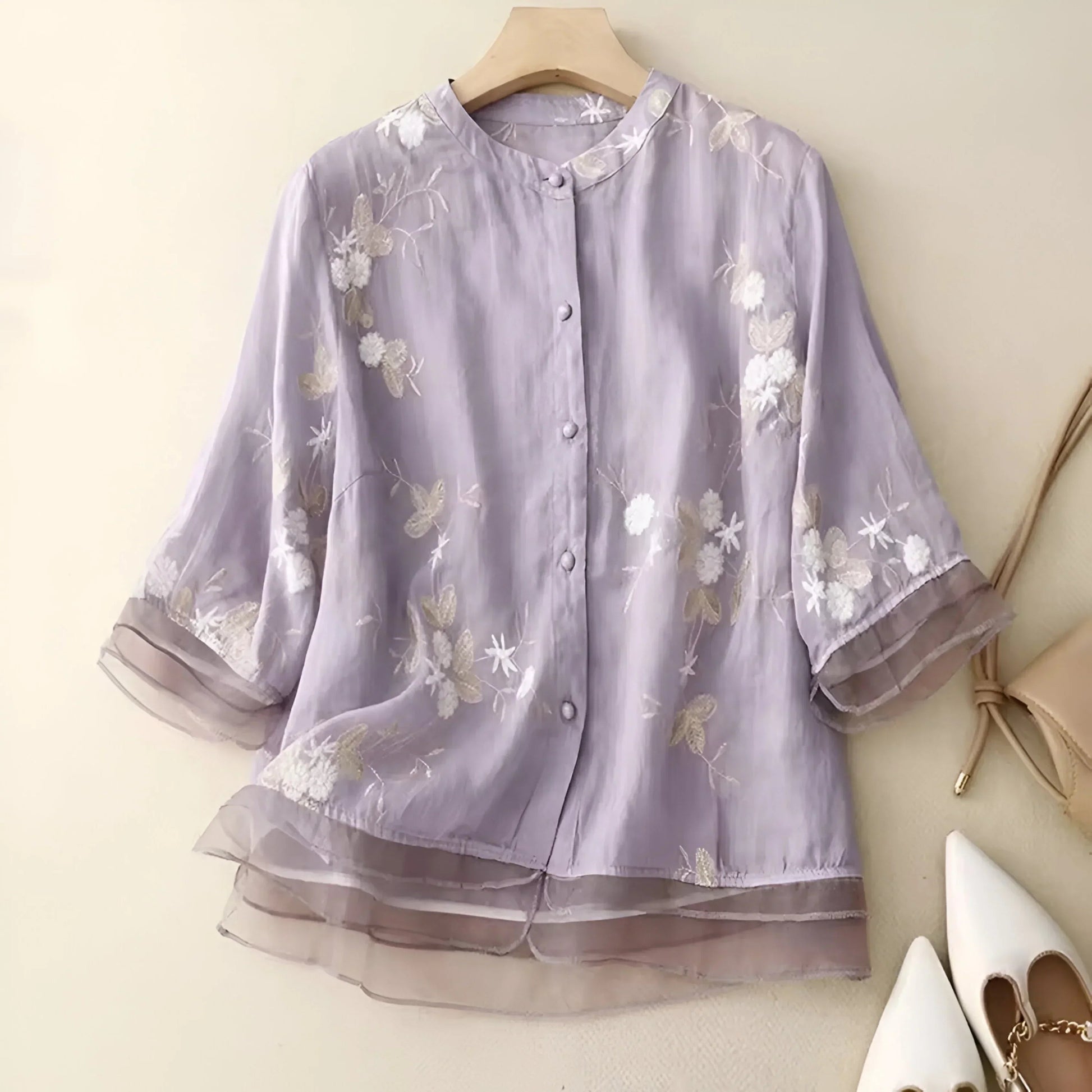 Dames Blouse Driekwart Mouw met Bloemenborduursels en Knoopsluiting Violet
