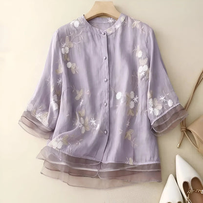 Dames Blouse Driekwart Mouw met Bloemenborduursels en Knoopsluiting Violet