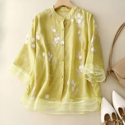 Dames Blouse Driekwart Mouw met Bloemenborduursels en Knoopsluiting Geel