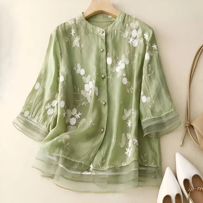Dames Blouse Driekwart Mouw met Bloemenborduursels en Knoopsluiting Groen