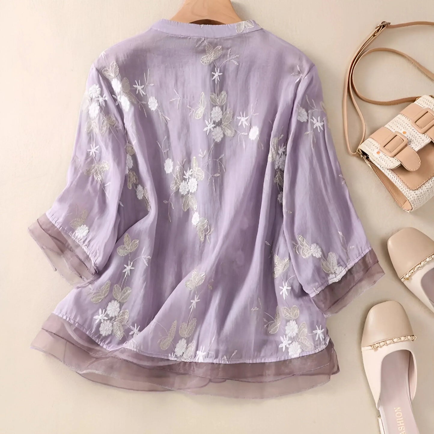 Dames Blouse Driekwart Mouw met Bloemenborduursels en Knoopsluiting