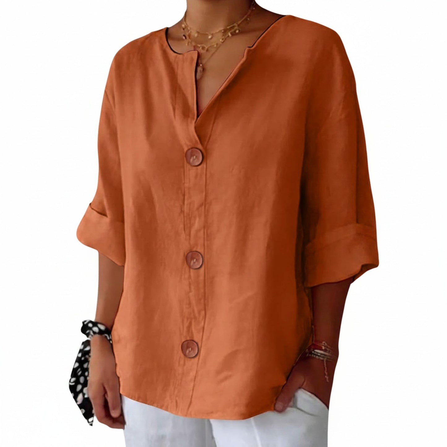 Dames Blouse Driekwart Mouw met V-hals en Knoopsluiting