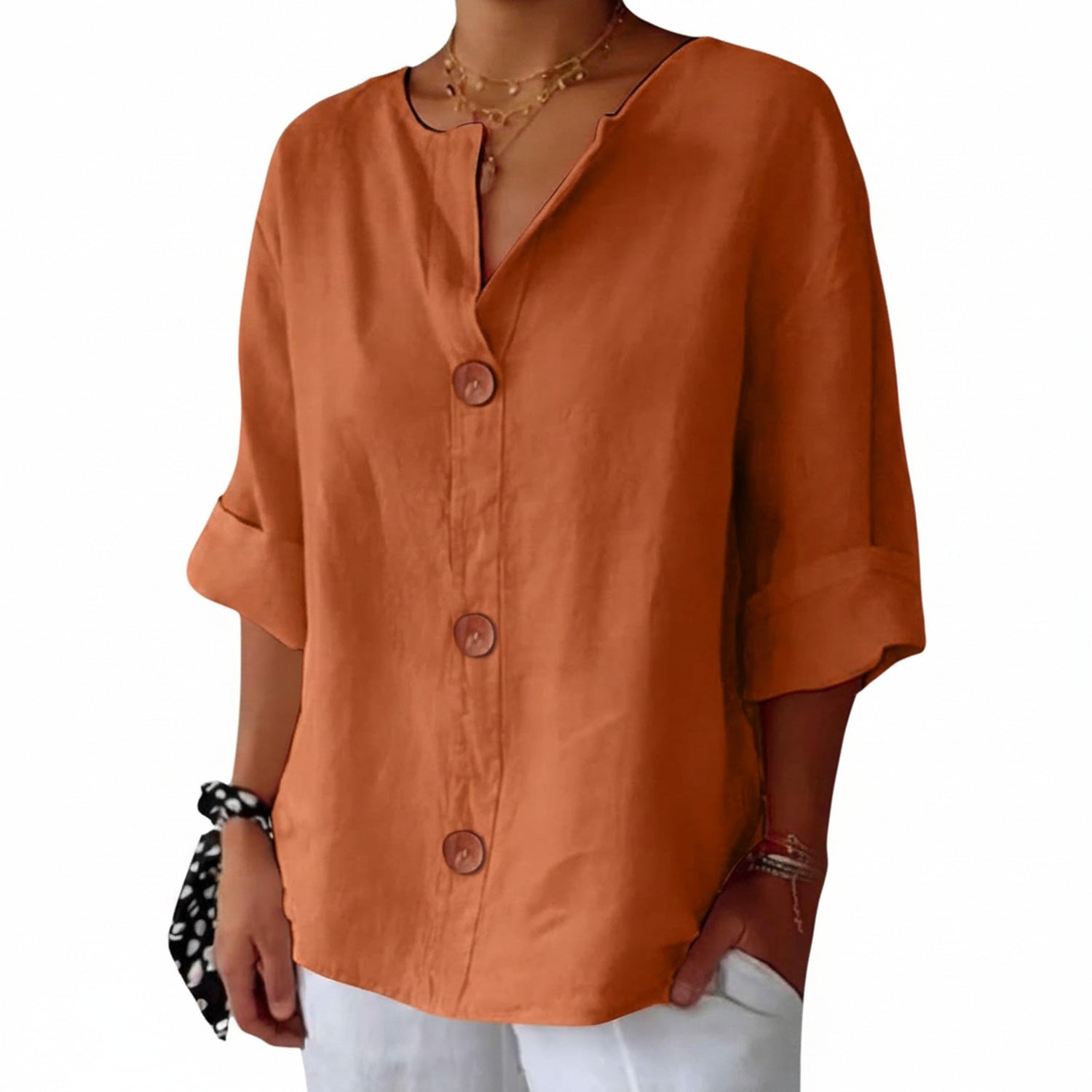 Dames Blouse Driekwart Mouw met V-hals en Knoopsluiting