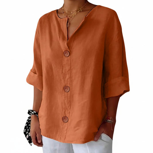 Dames Blouse Driekwart Mouw met V-hals en Knoopsluiting