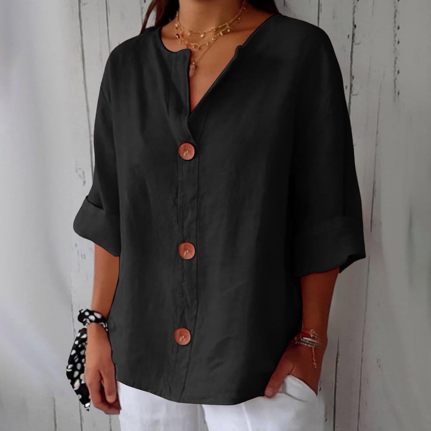Dames Blouse Driekwart Mouw met V-hals en Knoopsluiting Zwart