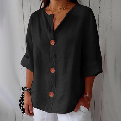 Dames Blouse Driekwart Mouw met V-hals en Knoopsluiting Zwart