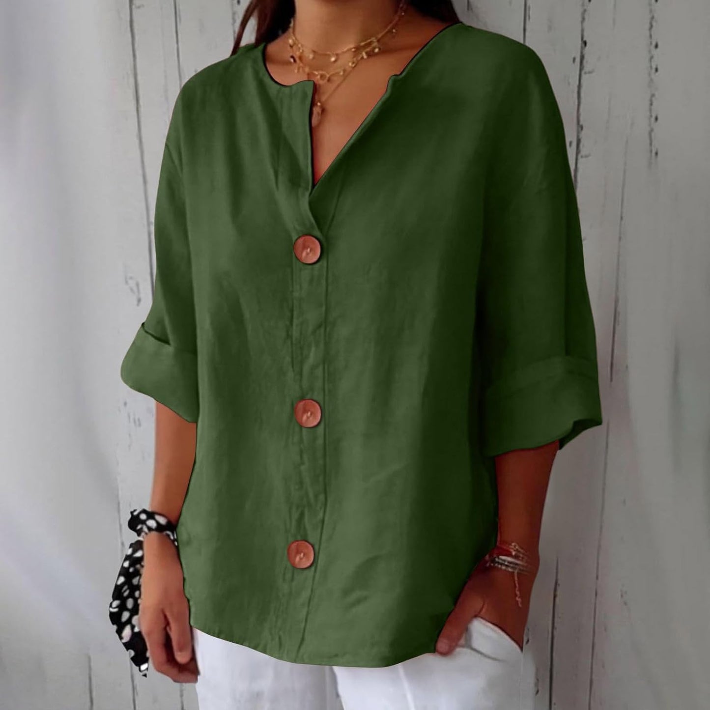 Dames Blouse Driekwart Mouw met V-hals en Knoopsluiting Groen
