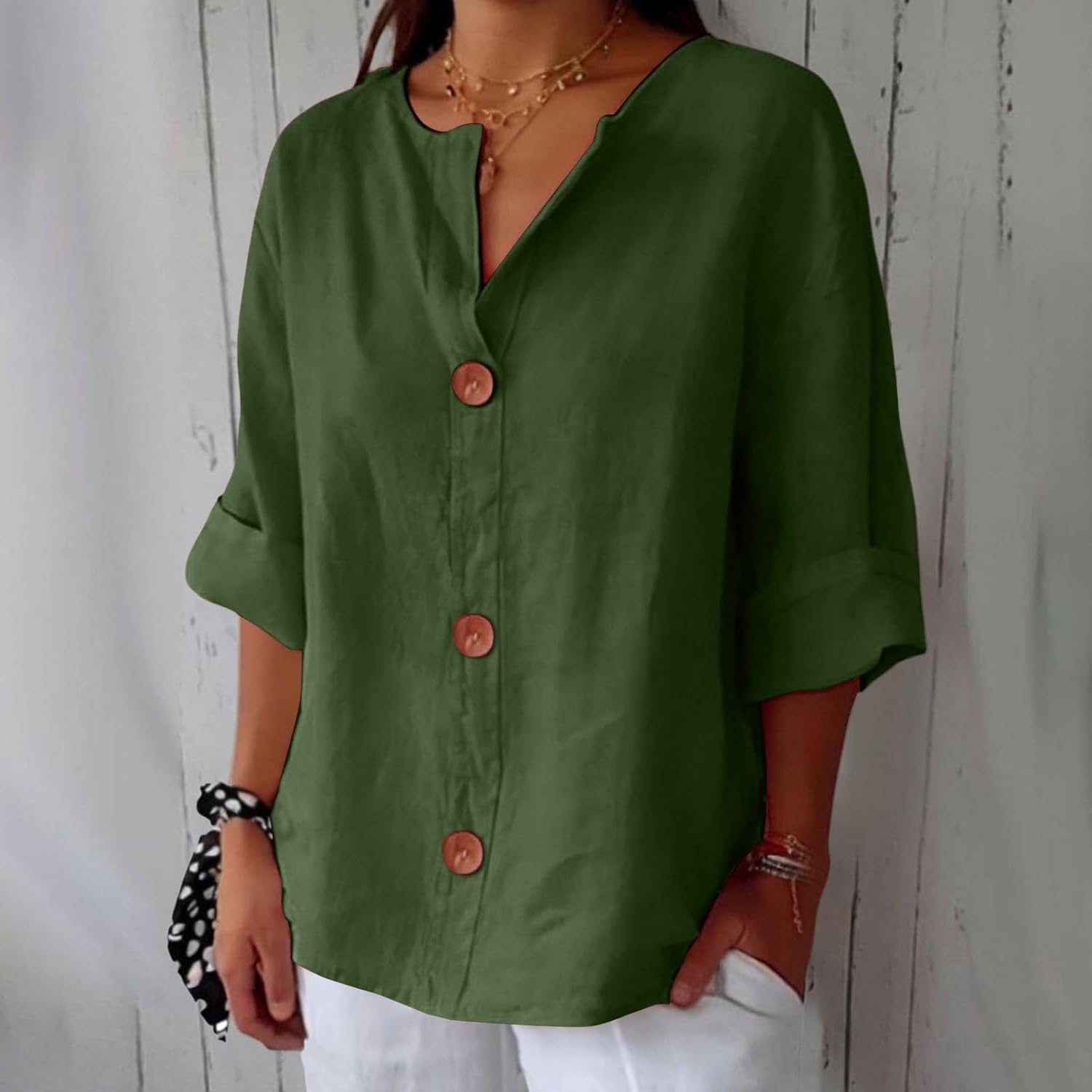 Dames Blouse Driekwart Mouw met V-hals en Knoopsluiting Groen