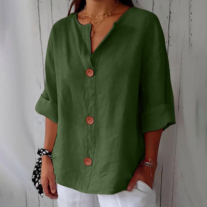 Dames Blouse Driekwart Mouw met V-hals en Knoopsluiting Groen