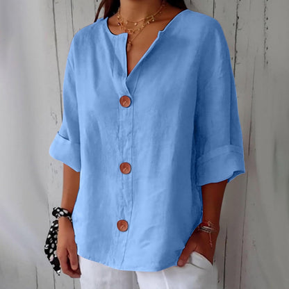 Dames Blouse Driekwart Mouw met V-hals en Knoopsluiting Lichtblauw