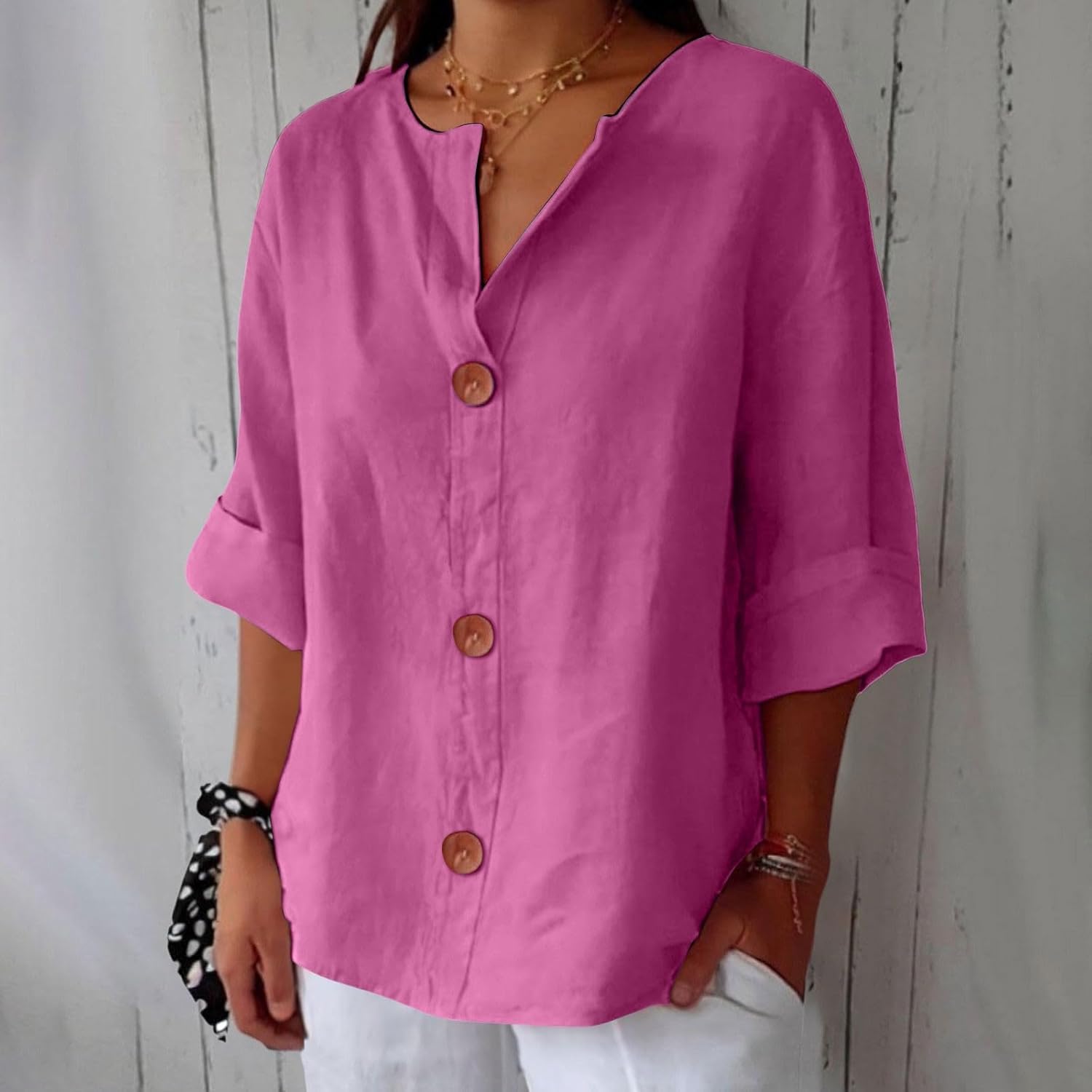 Dames Blouse Driekwart Mouw met V-hals en Knoopsluiting Roze