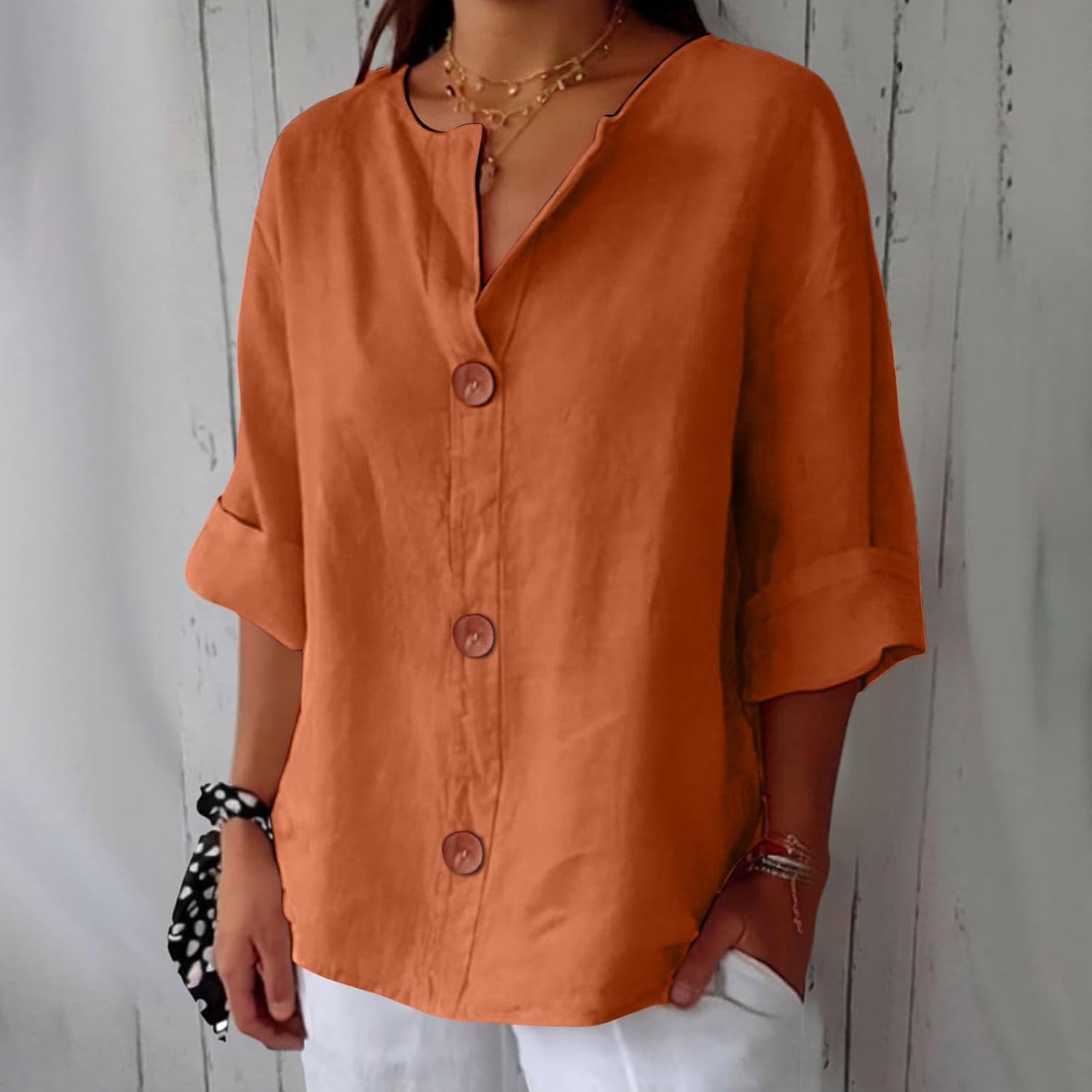 Dames Blouse Driekwart Mouw met V-hals en Knoopsluiting Oranje